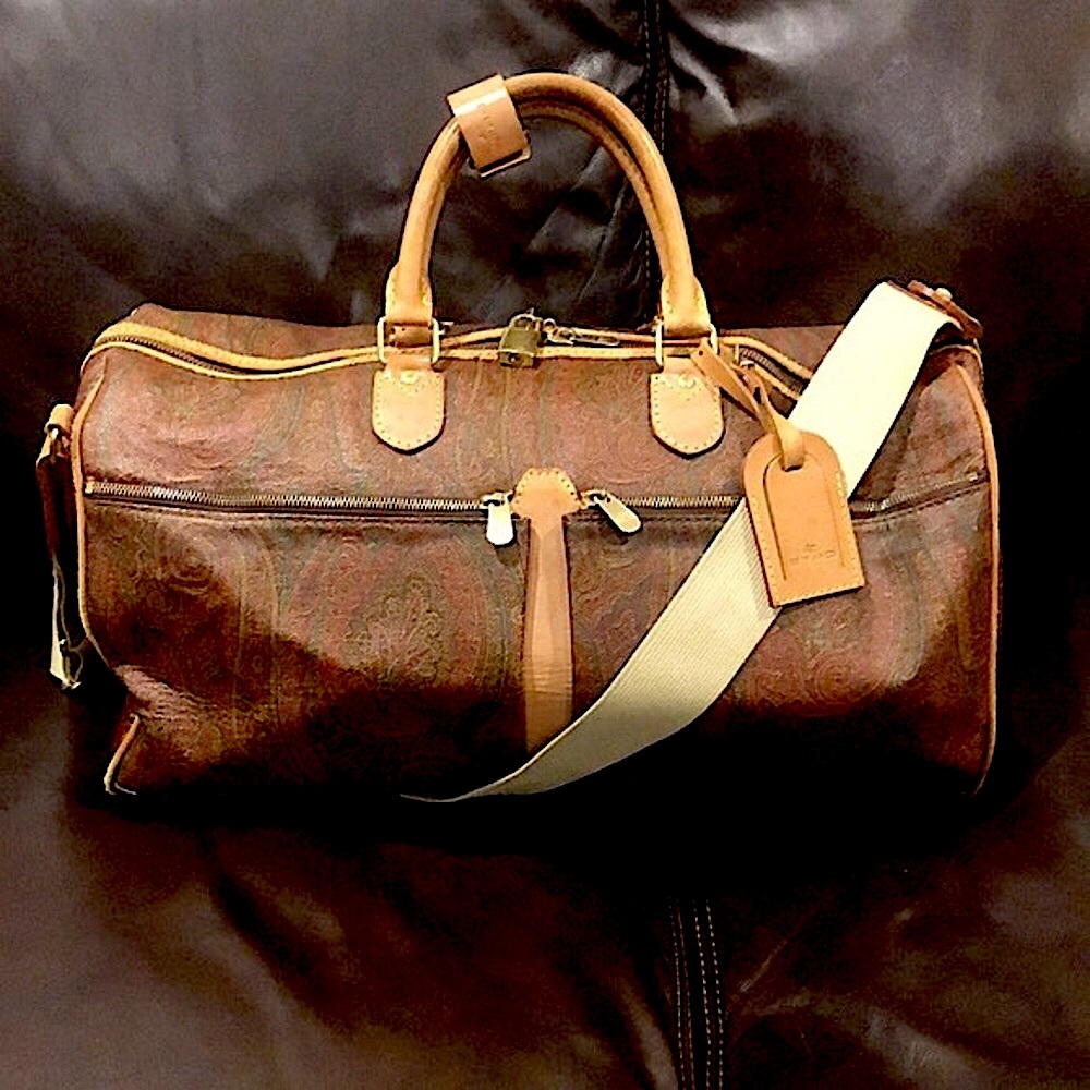 ETRO MILANO Paisley Coated Canvas Vachetta Leather Boston Shoulder Weekend Bag